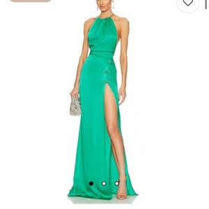 Sau Lee Porter Dress in Jade Green evening gown high slit low back